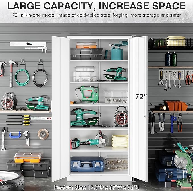 Wide & Deep Metal Storage Cabinet with 2 Doors and 5 Adjustable Shelves,White Locking Metal Cabinet,Large Garage Storage Cabinets,Lockable Tall Pantry Cabinets for Home,Office,Garage,Shop 72x36x18