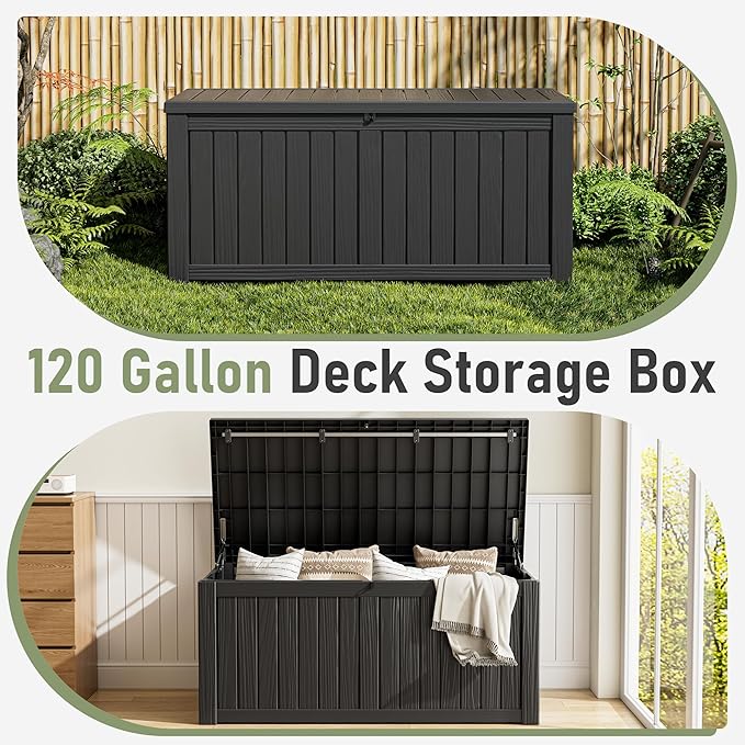 120 Gallon Outdoor Storage Box, Resin Deck Boxes Outdoor Waterproof For Patio Furniture, Garden Tools, Pool Supplies, Lockable And UV Resistant