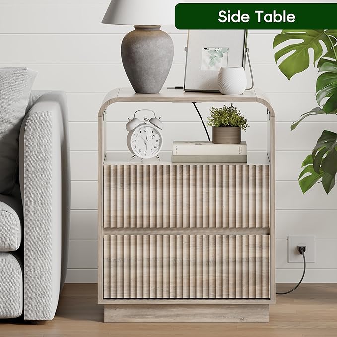 Grey Nightstand with Charging Station, Mid Century Modern Bedside Table & End Table, Fluted Wood Small Night Stand with 2 Hidden Drawers and Storage Shelf for Bedroom, Gray