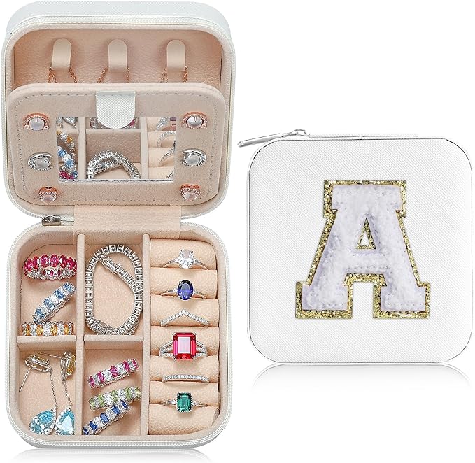 Parima Christmas Stocking Stuffers Gifts for Teenage Girls Grandkids, 3 4 5 6 7 8 9 10 11 12 13 14 Year Old Girl Gifts, Gift for Women Travel Jewelry Case Jewelry Box | Letter A, White
