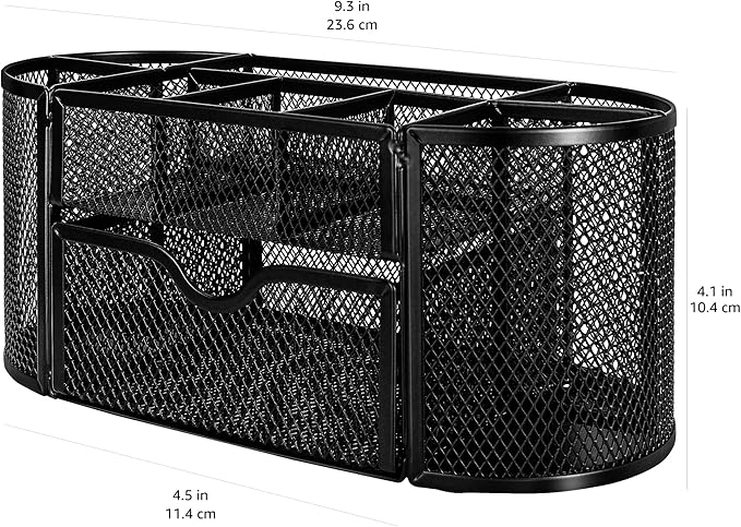 Amazon Basics Pen Holder and Desk Organizer, Office Caddy Storage, Black, ‎9.25" x 4.53" x 3.94"