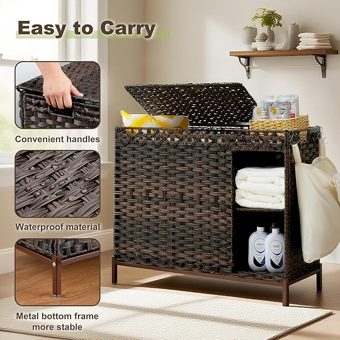 Laundry Hamper with Lid, 130L(34.4 Gal) Rattan Laundry Hamper 3 Section with 50L (13.2 Gal) Storage Shelf, Wicker Woven Laundry Sorter Basket with 4 Liner Bags and Handles, Brown GLH003BR