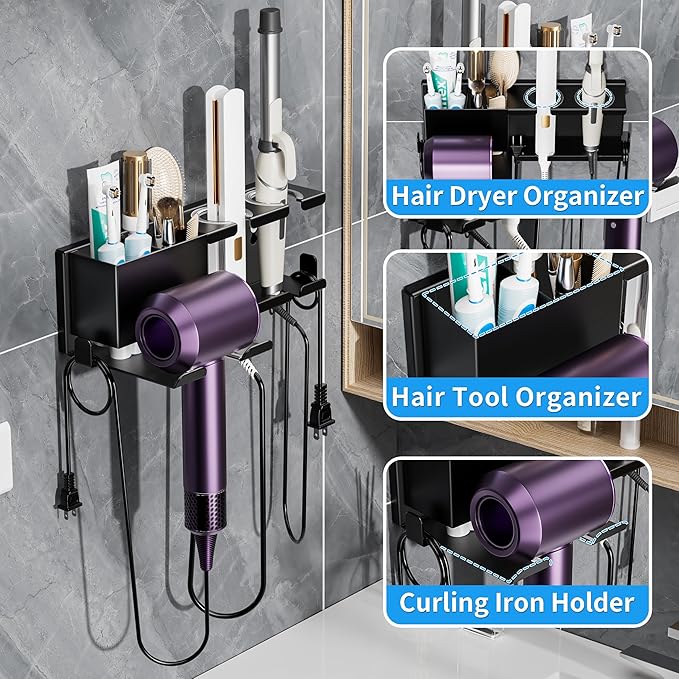 Hair Dryer Holder Wall Mounted, Metal Hair Tools Organizer, Hair Dryer Holder for Blow Dryer, Curling Iron, Straightener, Bathroom Hair Accessories Tools Organizer, Black