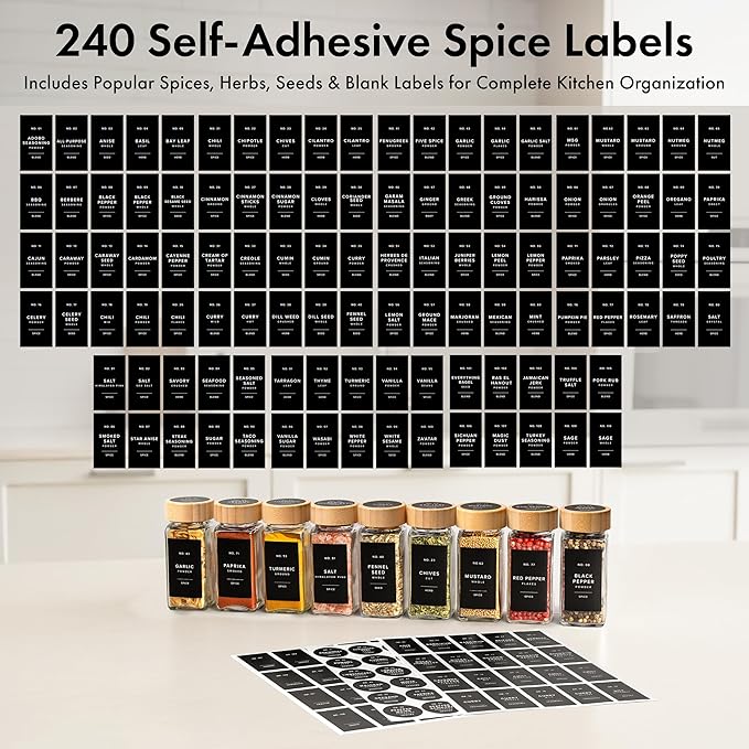 EDELHAUS® Square Spice Jars with Bamboo Wooden Lid (Pack of 24) Spice Jars with Shaker Insert and 240 Labels - Bamboo Lid Glass Container for Spice Organisation [4.3 in × 1.8 in]