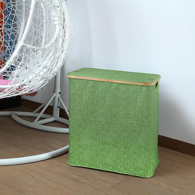 efluky Laundry Hamper with Lid, Double Laundry Hamper with 2 Removable Bags, 2 Section Laundry Basket with Bamboo Handles for Bathroom, Bedroom & Laundry Room,140L Green