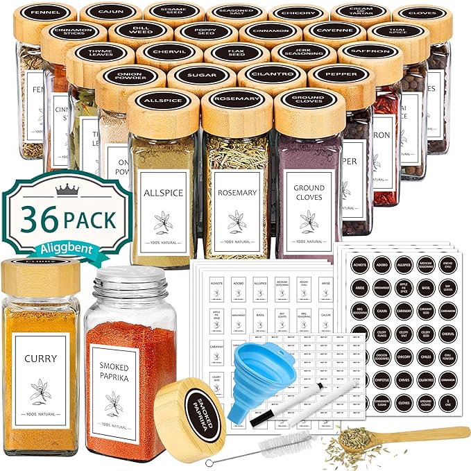 Aliggbent Spice Jars with Lable, 36 Pcs 4 oz Glass Spice Jars with Bamboo Lids, Spice Containers Bottles, Glass Seasoning Jars with Shaker Lids, Collapsible Funnel, for Spice Racks, Pantry,Cupboard