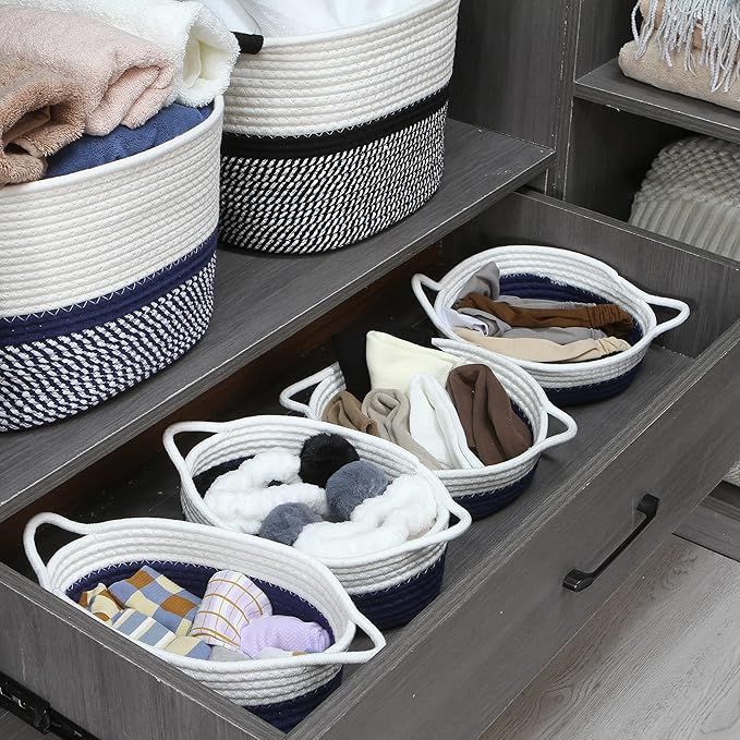 Sea Team 2-Pack Cotton Rope Baskets, 10 x 7 x 4 Inches Small Woven Storage Basket, Fabric Tray, Bowl, Oval Open Dish for Fruits, Jewelry, Keys, Sewing Kits (Dark Blue & White)