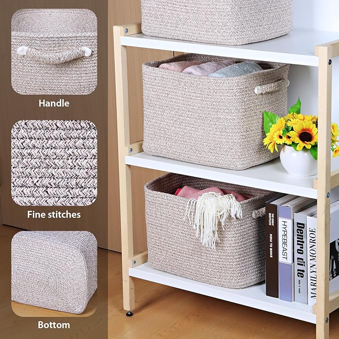 Kntiwiwo Storage Baskets for Organizing 14.7”x11”x9.6” Rope Storage Baskets for Shelves with Handles, Decorative Closet Baskets & Bins, Large Woven Baskets for Storage, Beige & Brown