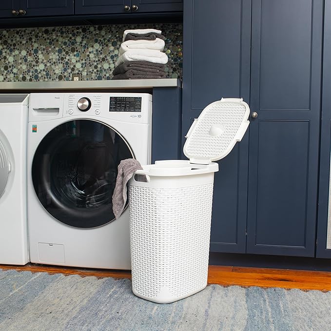 Mind Reader Slim Laundry Hamper with Lid, 60L Clothes Basket, Premium Wicker Design, Plastic, White