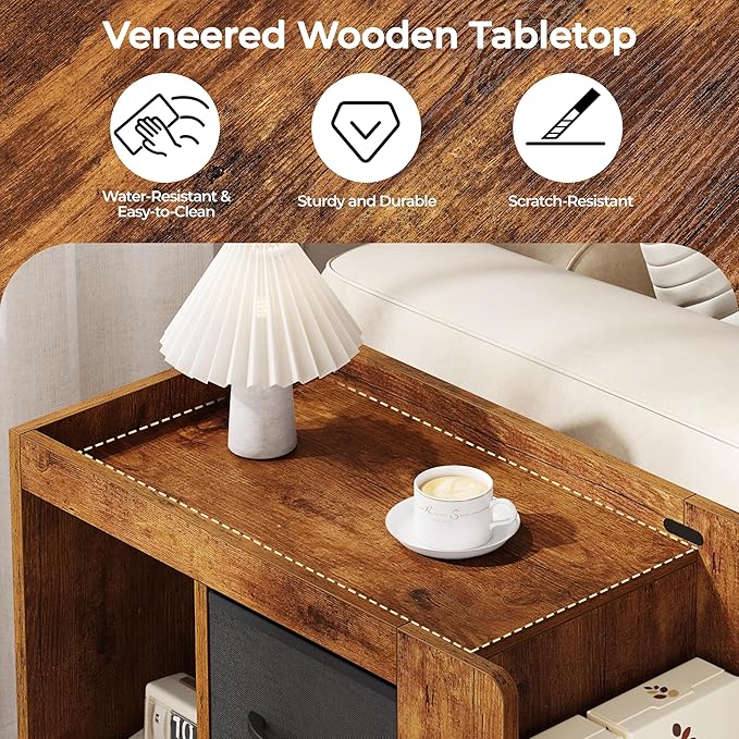 Yaheetech Narrow Side Table with Storage, Wooden Rolling Nightstand Bedside Table with Wheels, Magazine Racks and Open Shelves, End Table with Drawers for Living Room Bedroom, Rustic Brown