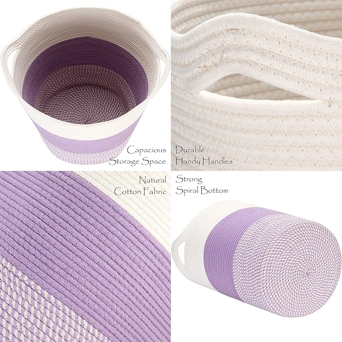 Sea Team Large Size Cotton Rope Woven Storage Basket with Handles, Laundry Hamper, Fabric Bucket, Drum, Clothes Toy Organizer for Kid's Room, 20 x 14 inches, Round Open Design, White & Mottled Purple