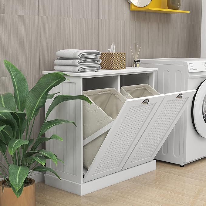 Tilt Out Laundry Hamper with Removable Basket, Hidden Laundry Hamper, Wood Bathroom Storage, Free Standing Home Organizer, White, LOC005