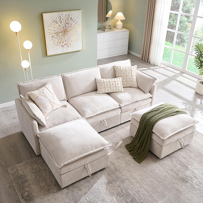 88.98" Sectional Couches for Living Room, Cloud Couch Sectional with Large Storage, U-Shape Modular Sectional Sofa with Ottoman, 5 Seater Chenille Sofa with Pillow for Apartment, Bedroom, Beige