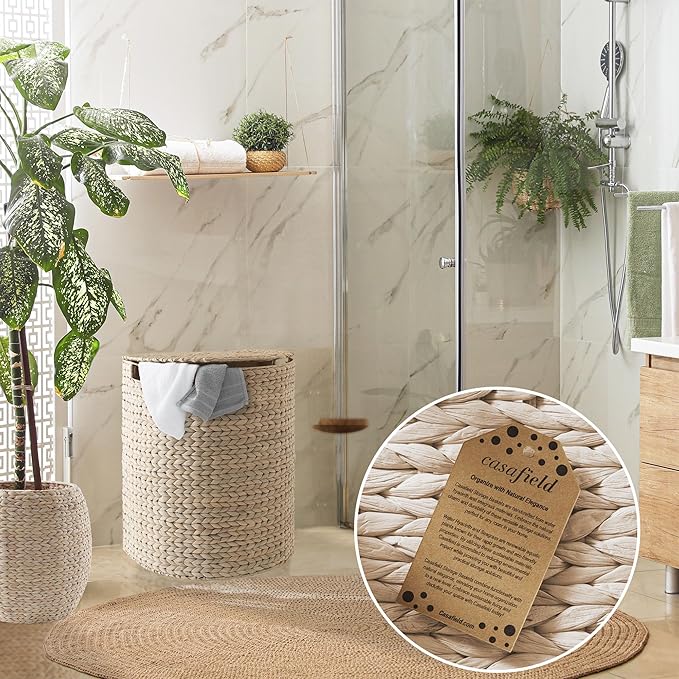 Casafield Half Moon Laundry Hamper with Lid and Removable Liner Bag - Whitewash, Woven Water Hyacinth Laundry Basket for Clothes and Towels