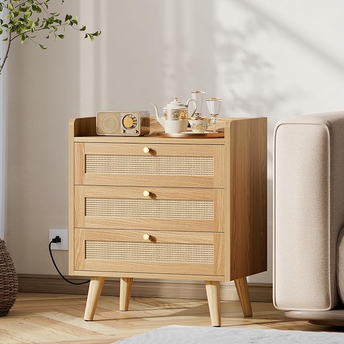 Rattan Night Stand with Charging Station, End Tables with 3 Drawer Dresser, Boho Bedside Table, Mid Century Modern Nightstand, RuralCabinet for Farmhouse Bedroom Living Room Sofa Couch Office Corner