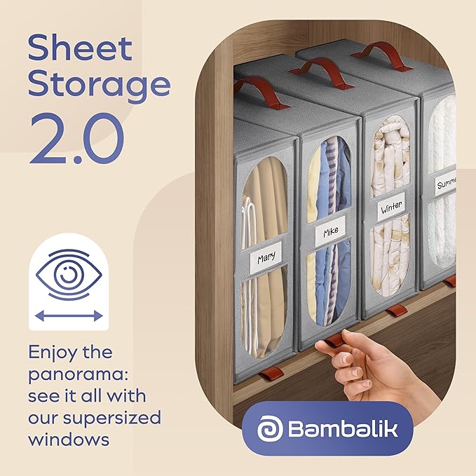 4x Bed Sheet Organizer Storage Boxes with Big See-Through Windows - Bedsheet Organizers Redesigned. Robust Bed Sheet Storage -15x13x5 Inches Sheet Organizers Containers (Gray)