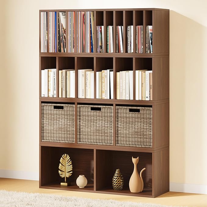 IOTXY DIY Modular Cube Bookcase - CubeXY Customizable Stackable Expandable Combination Set, 23-Cube Open Bookshelf for Books, Fabric Storage Bin, and Vinyl Record Organizer, Walnut