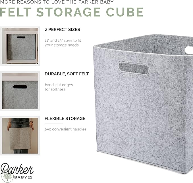 Parker Baby Felt Foldable Storage Cube - 13 Inch Nursery Cubby Bin for Cube Organizer, Closet Organizers and Storage Toy Bin, Rope Baskets Bins for Toy’s Storage - Gray
