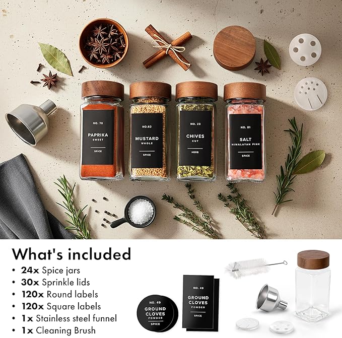 EDELHAUS® Square Spice Jars with Acacia Wooden Lid (Pack of 24) Spice Jars with Shaker Insert and 240 Labels - Acacia Lid Glass Container for Spice Organisation [4.3 in × 1.8 in]