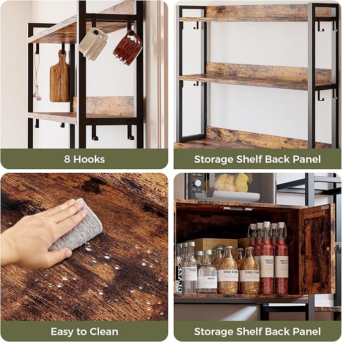 IRONCK Bakers Rack with Cabinet, Kitchen Bakers Rack with Power Outlets, Microwave Stand with Storage, Coffee Bar with 8 Metal Hooks