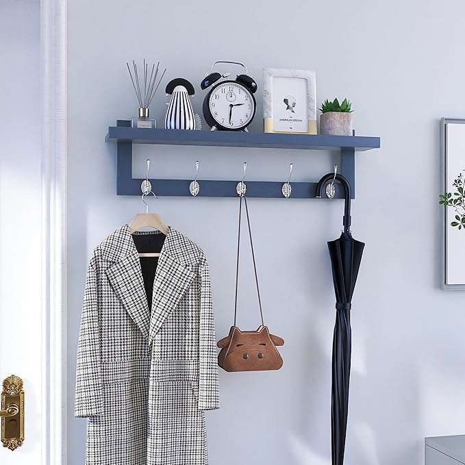 SMIBUY Coat Hooks with Shelf Wall-Mounted, 29.2 Inch Entryway Coat Rack for Wall, Bamboo Hanging Shelf with 5 Double Metal Hooks for Bathroom, Bedroom, Kitchen, Living Room, Mudroom (Grey)