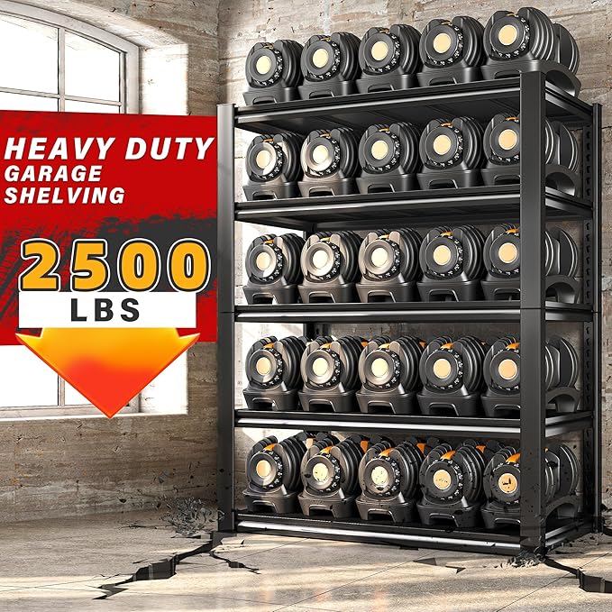 REIBII 40" W Garage Shelving, Heavy Duty Storage Shelves Load 2500LBS, 5-Tier Adjustable Metal Shelving, Garage Shelves for Warehouse, Pantry, Basement, 72" H x 40" W x 18" D, 2Pack