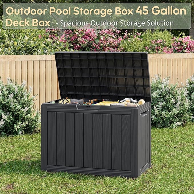 Outdoor Storage Box, Weather-Resistant Resin Deck Box for Patio, Balcony, Poolside, Holds Garden Tools & Cushions (45 Gallon, Black)