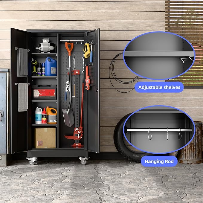 SUXXAN Broom Closet Storage Cabinet with Wheels 61.6"x 27.5"x11.7", Metal Cleaning Cabinets with Hooks and Hanging Rods, Lockable Cabinet with Pegboard, Adjustable Shelf,for Garage, Laundry Room