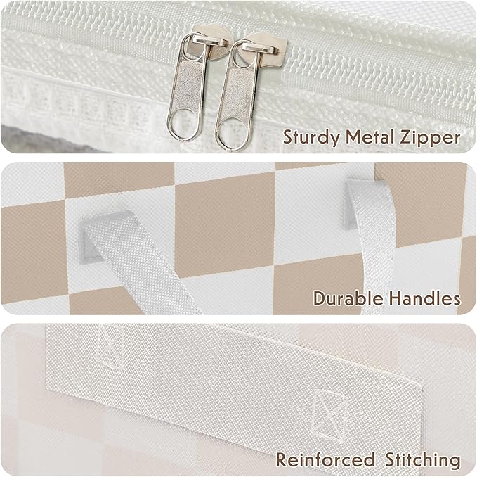 Beige Checkered Clothes Storage Bins, 100L Large Blanket Storage Bags 3 Pack, Closet Organizers and Storage Containers for Comforters, Bedding, Foldable Organizer with Handle