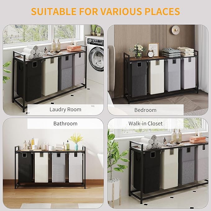 Laundry Basket Four Laundry Hamper with Removable Bags, Fabric Handles, Large Top Shelf and Laundry Bag for Bathroom, Dorm, Laundry Room