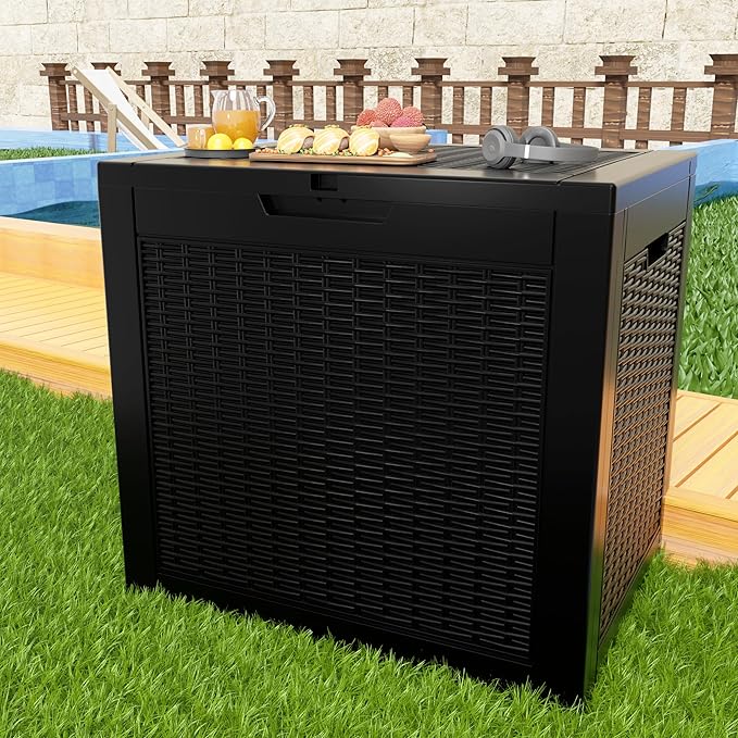 37 Gallon Outdoor Deck Box,Storage Lockable Waterproof Patio Furniture,Garden Tools,Cushions,Pool Accessories Outside Storage Resin Box(Black)