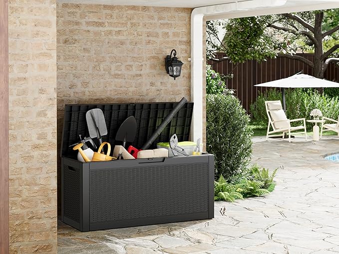 60 Gallon Outdoor Storage Deck Box Waterproof,Large Resin Storage Container for Outside,Patio Accessories for Outsid,Backyard Delivery Boxes,Lockable Lid,Rattan Gray
