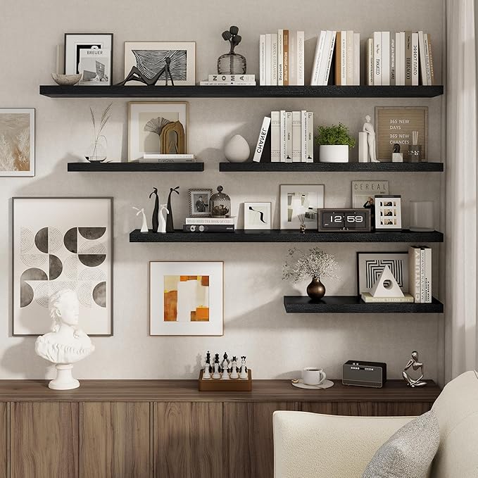 Fun Memories 55 Inch Floating Shelves for Wall 2 Pack Shelves for Bedroom|Kitchen|Bathroom Wall Mounted Rustic Wood Floating Shelf with Invisible Brackets for Books|Storage|Decor, Black