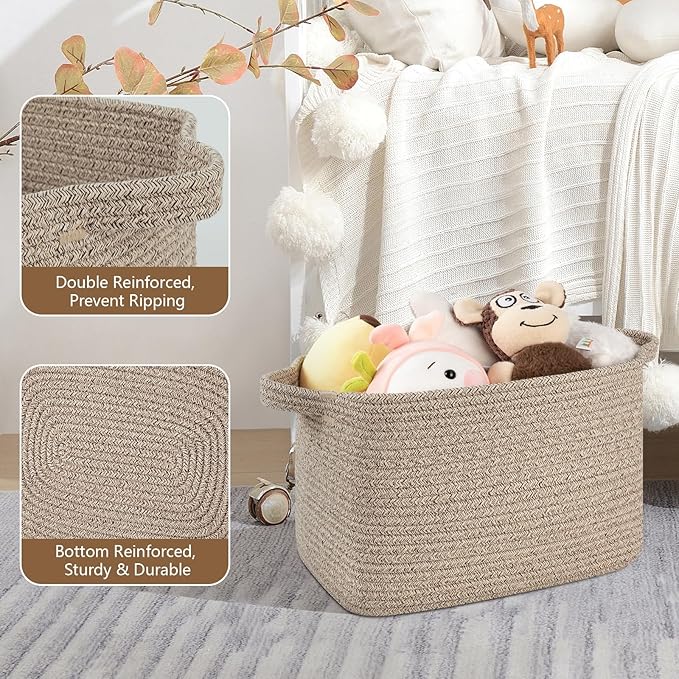 Storage Basket for Organizing, Woven Baskets for Storage, Rectangle Decorative Baskets for Shleves, Closet, Toys, Books, Nursery Organizer Bins - Pack of 3 (Brown, 13"x9.85"x8.7")