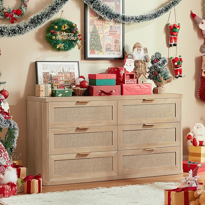 LEYAOYAO Rattan 6 Drawer Dresser for Bedroom Set of 2, Boho 54" Wide Natural Wood Dresser Chest of Drawers, Dressers TV Stand with Metal Handle, Storage Dressers Closet Organizer for Living Room
