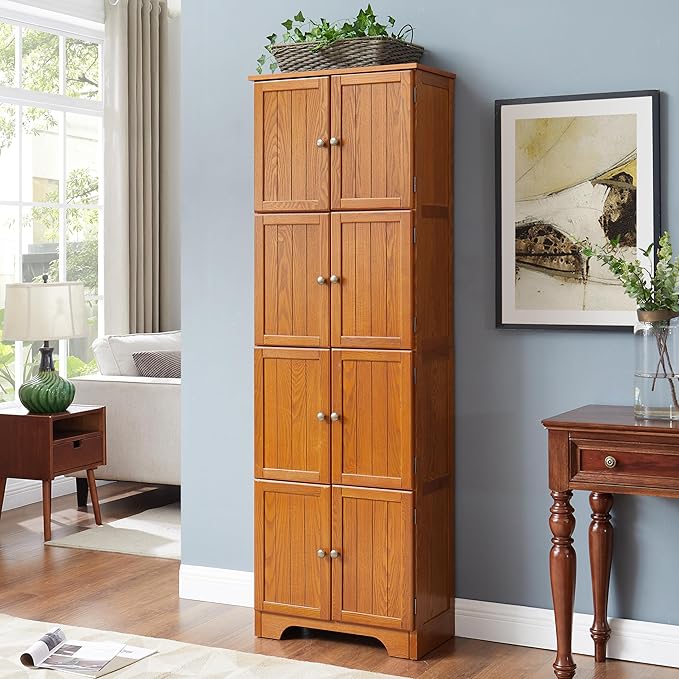 72" Tall Farmhouse Storage Cabinet, 4 Tier Kitchen Pantry Cabinet with 4 Shelves & 8 Doors, Freestanding Floor Storage Cabinet Wooden Organizer Bookcase for Living Room, Kitchen (Oak)