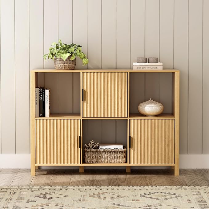 Fluted Storage Bookshelf, Modern Wooden 6 Cube Bookcase with Doors and Open Shelf, 2-Tier Short Organizer Shelf for Living Room, Bedroom Natural Oak