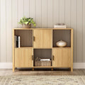 Fluted Storage Bookshelf, Modern Wooden 6 Cube Bookcase with Doors and Open Shelf, 2-Tier Short Organizer Shelf for Living Room, Bedroom Natural Oak