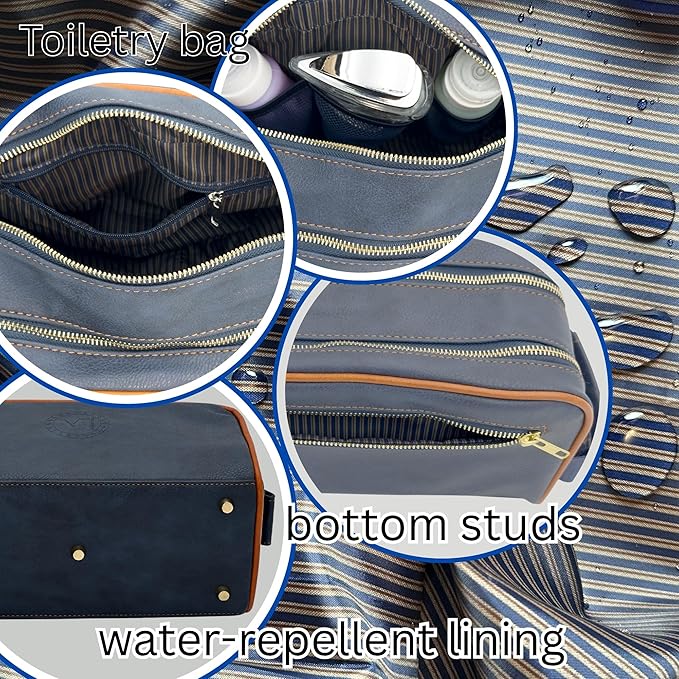 Dopp Gift Large Travel Toiletry Bag Premium Quality PU Leather Two compartments YKK Zippers Water-resistant Bottom Studs Mesh Pockets Durable Cosmetic Organizer NAVY BLUE/ORANGE
