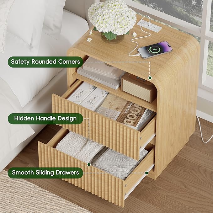 Natural Oak Nightstands Set of 2 with Charging Station, Mid Century Modern End Tables & Bedside Tables, Fluted Wood Small Night Stands with 2 Hidden Drawers and Storage Shelf for Bedroom