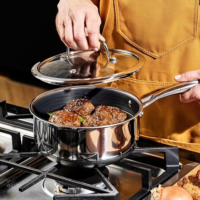 HexClad Hybrid Nonstick 3-Quart Saucepan with Tempered Glass Lid, Stay-Cool Handle, Dishwasher-Friendly, Oven-Safe Up to 900°F, Induction Ready, Compatible with All Cooktops