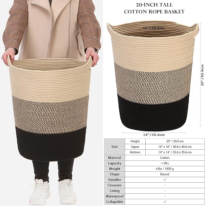 Sea Team Large Size Cotton Rope Woven Storage Basket with Handles, Laundry Hamper, Fabric Bucket, Drum, Clothes Toys Organizer for Kid's Room, 20 x 14 inches, Round Open Design, Flaxen & Black