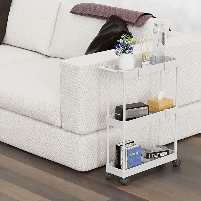Simple Houseware 3-Tier Slim/Narrow Storage Cart with Handle, 5.5'' Wide x 26.5'' Height Rolling Organizer for Kitchen, Bathroom, Laundry Room - White