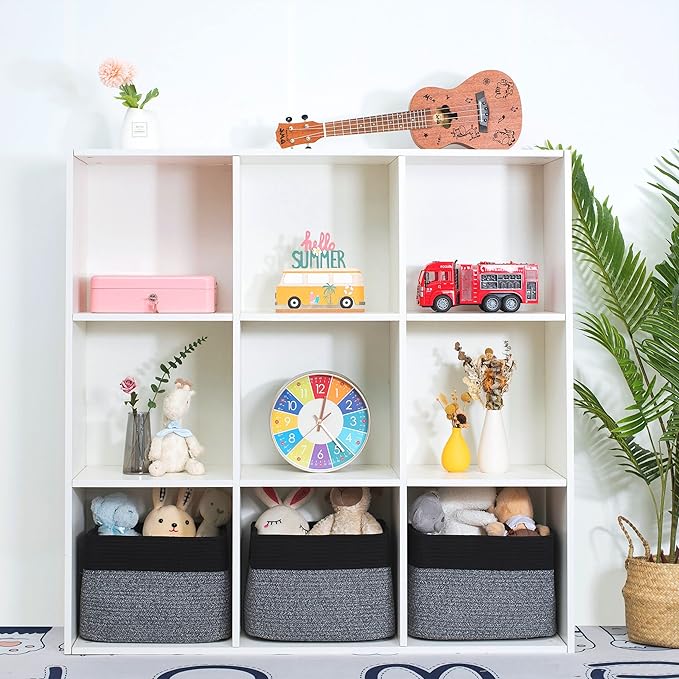 MINTWOOD Design 3-Pack Storage Baskets for Shelves, Playroom and Classroom Storage Basket, Book Basket, Decorative Storage Cube Bins, Woven Closet Organizers, Pantry and Shoe Organizer, Black Grey Mix