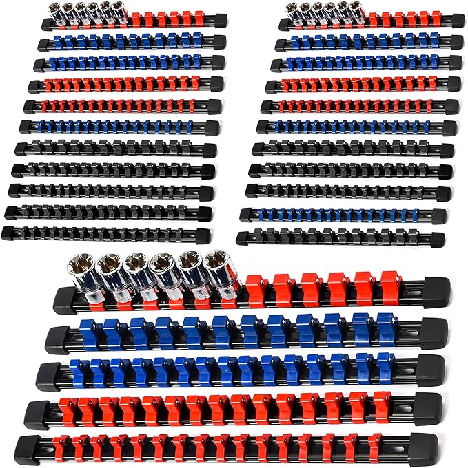 Socket Organizer Drive ABS Tools-Socket Holder, Premium Quality 27 Pieces Socket Holders Kit 1/4-Inch x 144 Clips, 3/8-Inch x 135 Clips, 1/2-Inch x 108 Clips（27PC,Blue&Red&Black)