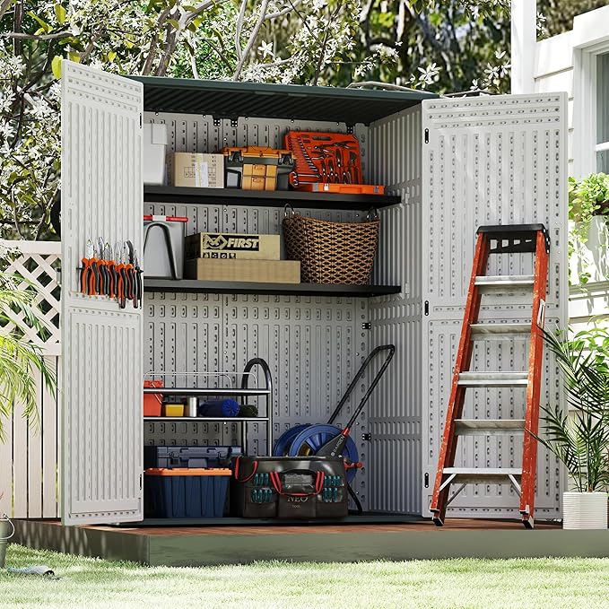 EHHLY Vertical Resin Storage Shed with 2 Shelves, 60 Cuft Garden Tool Sheds & Outdoor Storage, Plastic Outdoor Storage Cabinet Waterproof, 4.5 x 2.3 ft Outside Lawn Mower Storage Shed, Light Grey