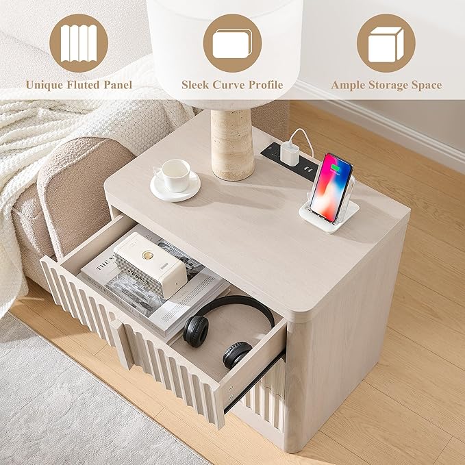23.6" Nightstand with Charging Station, Side Table with 3 Large Storage Drawers, Mid Century Modern Night Stand with Solid Wood Handle, Bedside End Table for Bedroom, Living Room, Closet