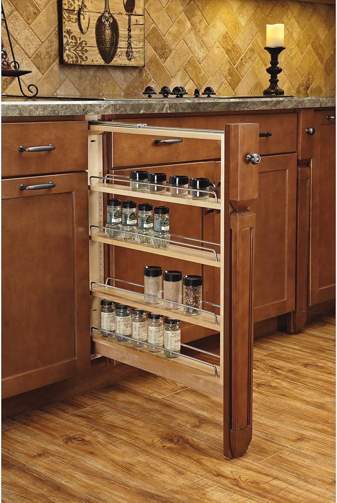 Rev-A-Shelf 6" Pull Out Shelf Organizer for Base Kitchen Cabinets, Filler Spice Rack Seasoning Storage Holder w/Soft-Close, Wood, 432-BFBBSC-6C
