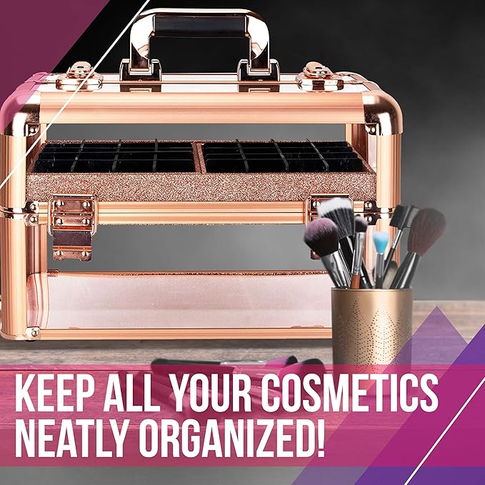 Ver Beauty Professional Armored Clear Acrylic Makeup Nail Tech Case with 2 Sliding Trays and Removable Dividers for Nail Polish Organizer Lockable Portable Travel Cosmetic Aluminum Case (Rose Gold)