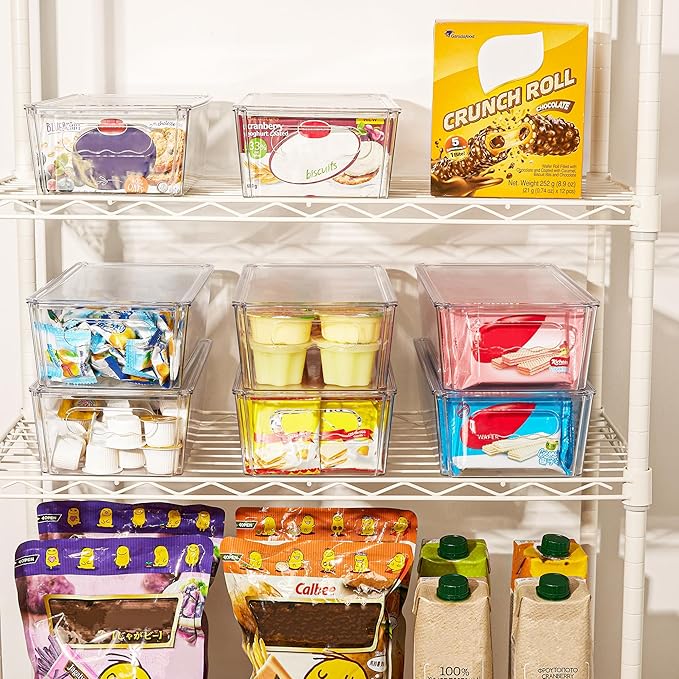 Vtopmart 12pcs Clear Organizers and Storage Bins with Lids, Stackable Plastic Storage Containers with Handles for Fridge, Freezer, Pantry, Cabinet, Kitchen Organization